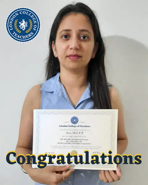 London College of Teachers graduate holding her teacher training certificate