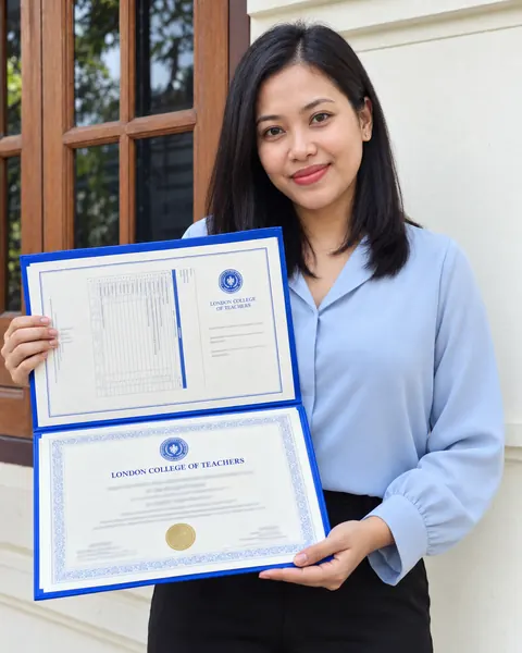 London College of Teachers graduate holding her certificate and transcript in a blue folder