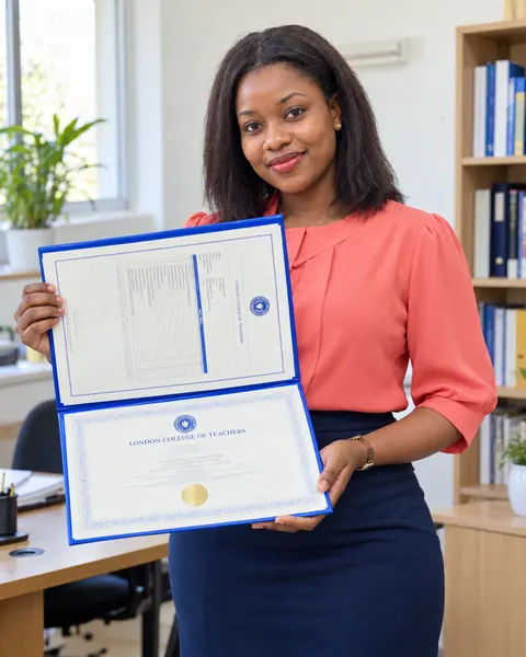London College of Teachers graduate holding her early childhood teacher training certificate and transcript